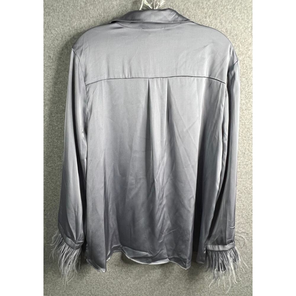 Entro NWT Satin Feathers Fringe Cuff Button Front Blouse – Size L - Picture 2 of 11